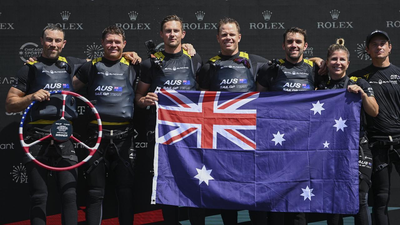 Tom Slingsby (second left) and team Australia celebrate their SailGP win in Chicago. Photo: Supplied.