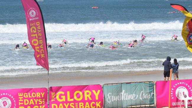 Crowds, tents and cabanas lined Mooloolaba beach on Saturday as day two of the Senior and Masters division of the 2023 Queensland Surf Life Saving Championships began. Photo: Elizabeth Neil