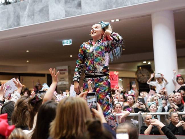 JoJo Siwa performs at a packed Eastland Shopping Centre in Ringwood. Picture: Griffin Simm