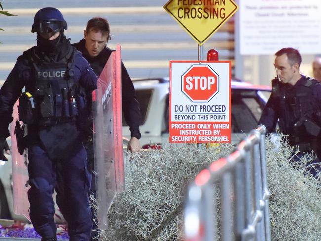 Parkville Rioting; Police Incident Response Team members exit the Parkville Youth Justice Precint after the matter was resolved. Picture: Tony Gough