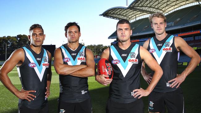 Port Adelaide 2018 recruits Dom Barry, Steven Motlop, Tom Rockliff and Jack Watts. Picture: Sarah Reed