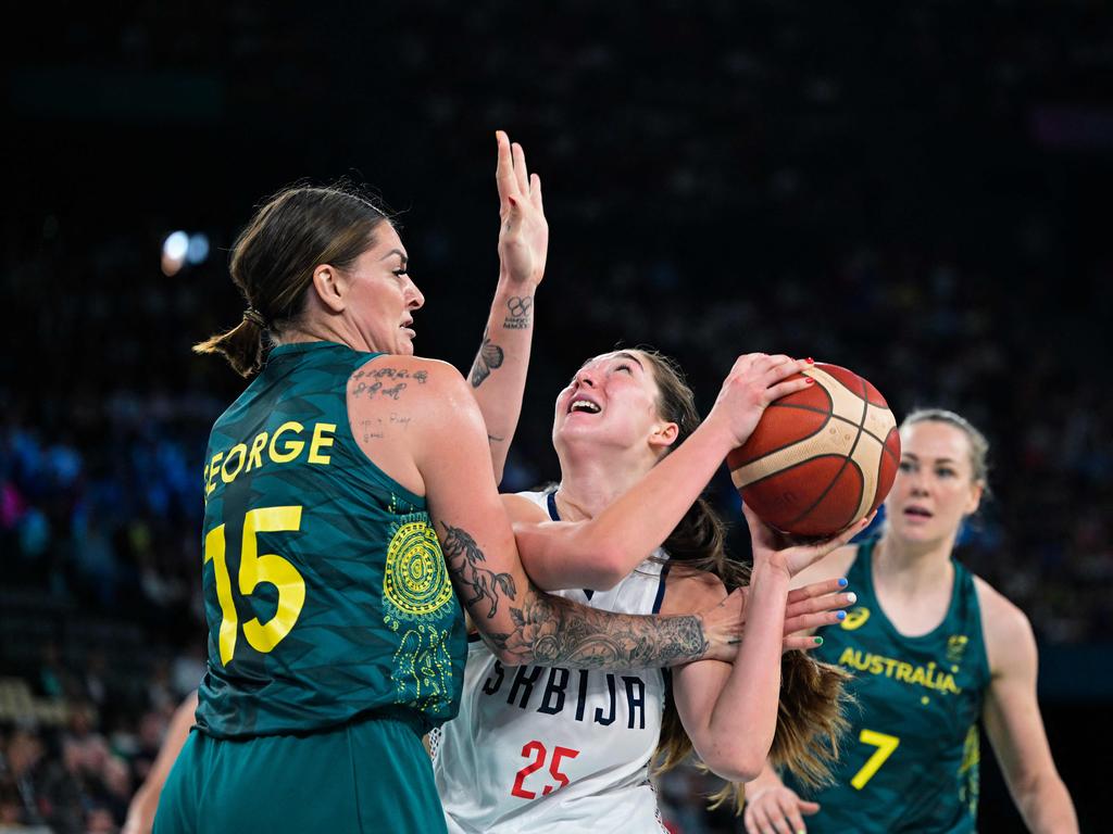 Opals veteran Cayla George puts Serbia's Masa Jankovic under plenty of pressure. Picture: AFP