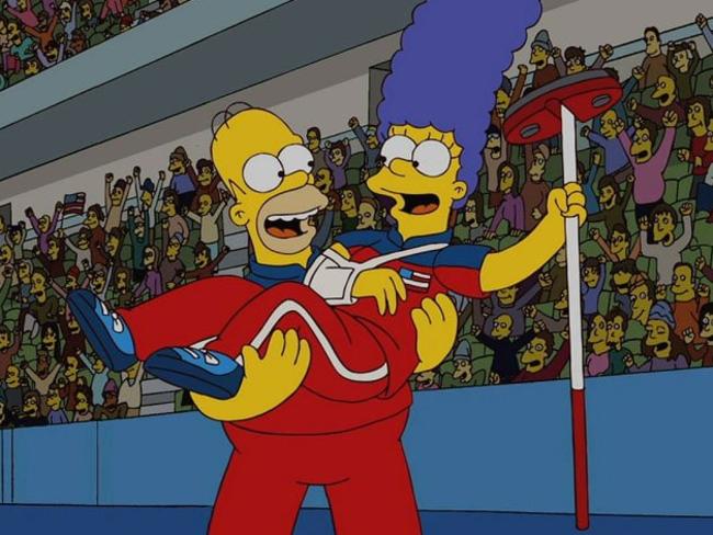 Homer and Marge competing for gold at the Winter Olympics