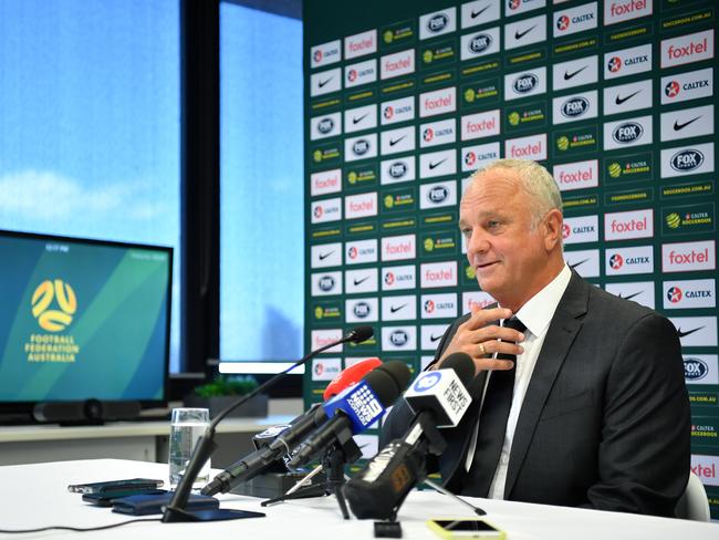 Socceroos Head Coach Graham Arnold speaks to the media in Sydney, Thursday, November 8, 2018. Socceroos will play Korea Republic in Brisbane on November 17th before taking on Lebanon in Sydney on November 20th. (AAP Image/Joel Carrett) NO ARCHIVING