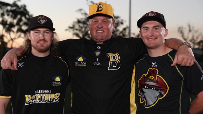 Brisbane Bandits’ Mitch Nilsson, head coach David Nilsson and Dan Nilsson. Picture: Peter Wallis