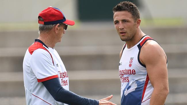 Sam Burgess of England (right) and coach Wayne Bennett are seen at training ahead of the Rugby League World Cup at Lakeside Stadium in Melbourne, Tuesday, October 24, 2017. (AAP Image/Julian Smith) NO ARCHIVING