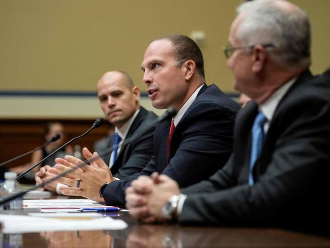 Ryan Graves, David Grusch and David Fravor at UAP hearings. Picture: Drew Angerer/Getty Images/AFP