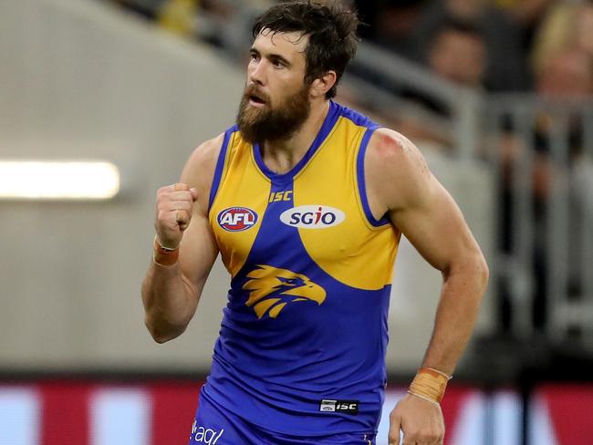 PERTH, AUSTRALIA - APRIL 14: Josh Kennedy of the Eagles celebrates a goal during the round four AFL match between the West Coast Eagles and the Gold Coast Suns at Optus Stadium on April 14, 2018 in Perth, Australia. (Photo by James Elsby/Getty Images)