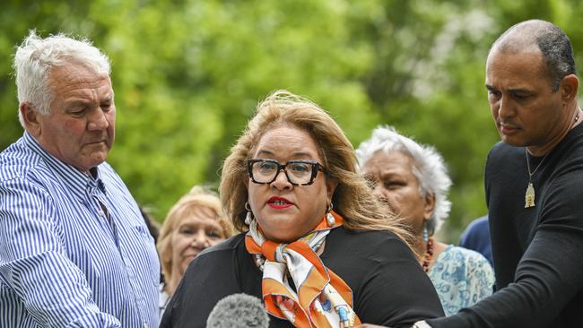 Professor Megan Davis of the Referendum Working Group addresses the media after meeting with PM Anthony Albanese and Opposition Leader Peter Dutton. Picture: NCA NewsWire / Martin Ollman