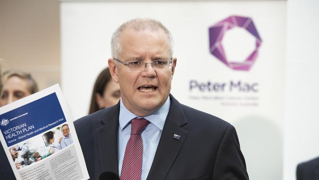 Prime Minister Scott Morrison speaks to the media during a tour of Peter MacCallum Cancer Centre in Melbourne, Monday, March 25th, 2019. (AAP Image/Ellen Smith) NO ARCHIVING