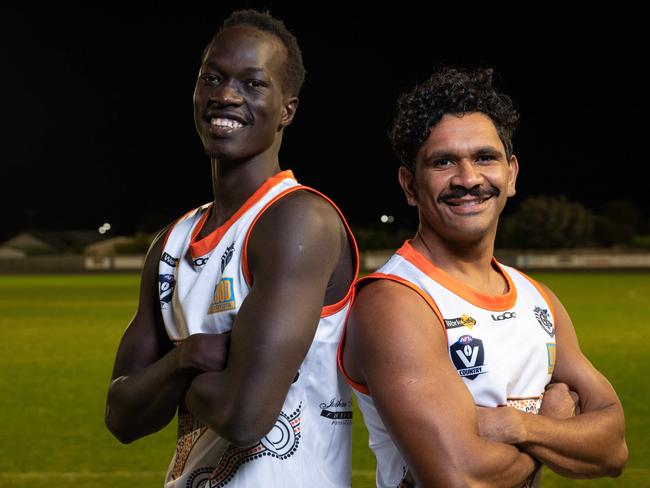 14-05-2024 Geelong West player Ethan Liddle with fellow player Titit Nyak with the jumper he designed ahead of GFL indigenous round. Picture: Brad Fleet