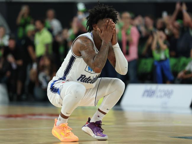 MELBOURNE, AUSTRALIA - FEBRUARY 16: Kendric Davis of the 36ers reacts after the final buzzer during the NBL Play-In match between South East Melbourne Phoenix and Adelaide 36ers at John Cain Arena, on February 16, 2025, in Melbourne, Australia. (Photo by Daniel Pockett/Getty Images)