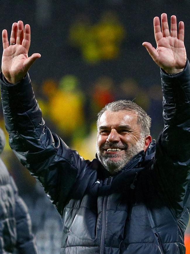 Ange Postecoglou celebrates going to the Europa League final. (Photo by Mats Torbergsen / NTB / AFP) / Norway OUT
