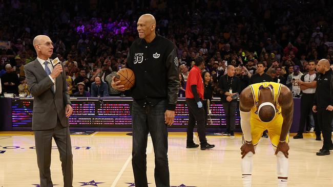 NBA Commissioner Adam Silver, LeBron James and Kareem Abdul-Jabbar during the presentation.