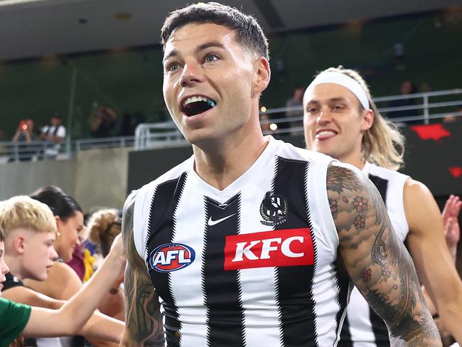 BRISBANE, AUSTRALIA - APRIL 17: Jamie Elliott of the Magpies for the start of the round six AFL match between Brisbane Lions and Collingwood Magpies at The Gabba, on April 17, 2025, in Brisbane, Australia. (Photo by Chris Hyde/AFL Photos/via Getty Images)