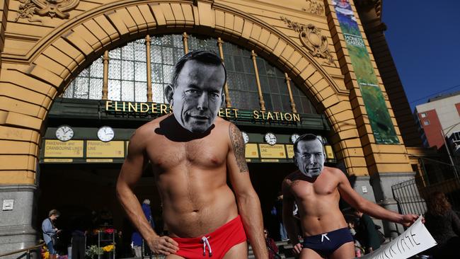 No shirtfront: Melbourne Young Gay Professionals Ben Roulston and Aaron Di Guilmi parody former PM Tony Abbott, who is not disgusted by gays.