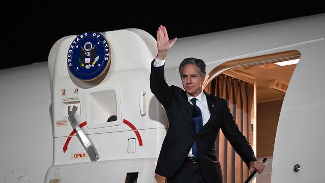 US Secretary of State Antony Blinken waves farewell as he boards his plane in Aqaba, Jordan. Picture: AFP