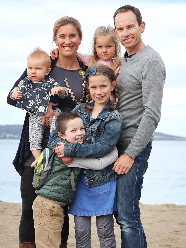 Ned with his family Gilbert, 8 months, mum Emily, Lucy, 9, Eleanor, 3, and dad Seth. Picture: NIKKI DAVIS-JONES