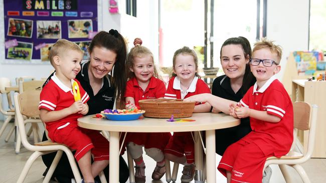 Pictured at MindChamps in French's Forest today are educators Kaycee Van Haeren and Anna Telfer with kids (L-R) William Horsley, 3, Lottie McCarthy, 4, Gemma Mathews, 3, and Lachlan Inns. Picture: Tim Hunter.