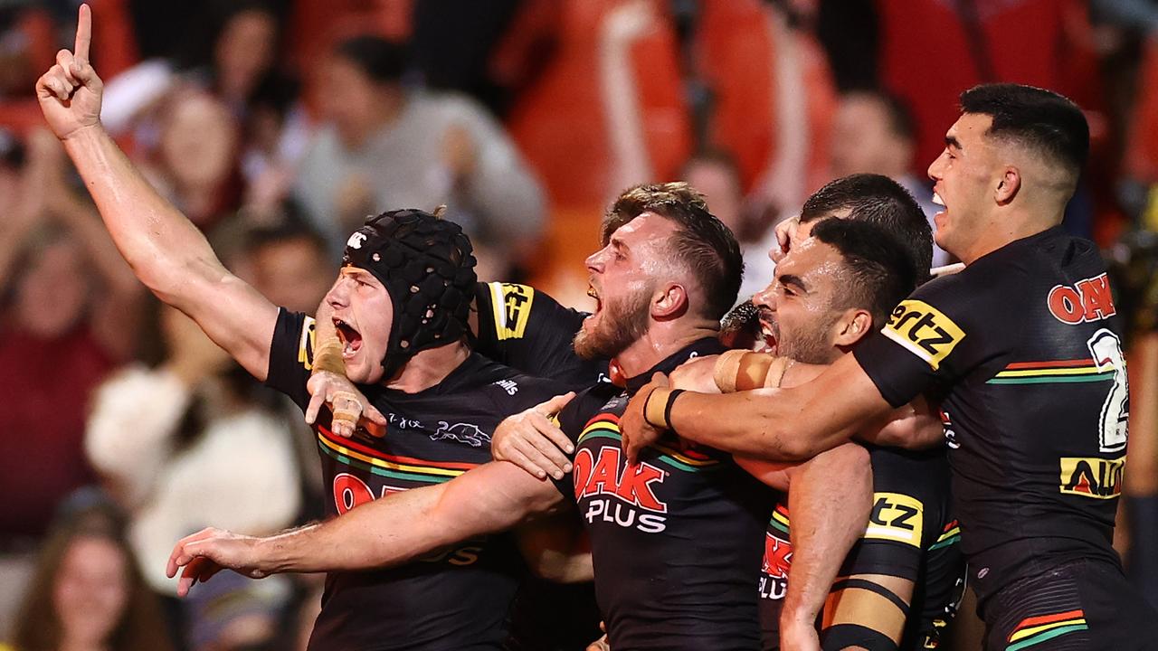 Penrith celebrate beating Melbourne in a grand final rematch thriller on Thursday night. Photo by Cameron Spencer/Getty Images