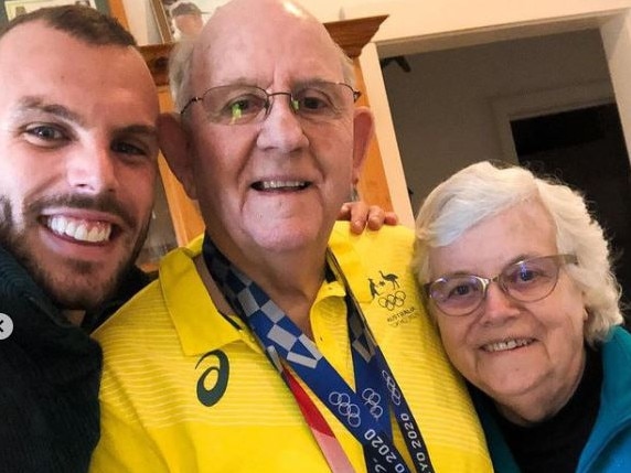 Kyle Chalmers with his grandparents , Malcolm and Julie Bagnell at Port Lincoln . Picture: Kyle Chalmers / Instagram