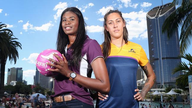 Firebirds star Romelda Aiken and Sunshine Coast Lightning player Erena Mikaere representing an establish and new club.