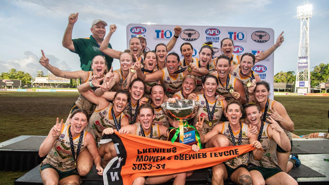 PINT celebrate their win in the 2023-24 NTFL Women's Grand Final between against St Mary's. Picture: Pema Tamang Pakhrin