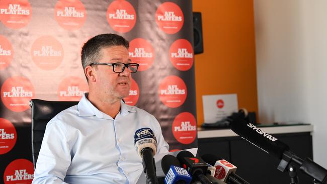 AFLPA boss Paul Marsh fronts the media on Tuesday.