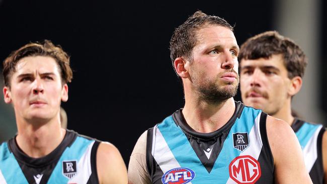 ADELAIDE, AUSTRALIA - MAY 15: Travis Boak of the Power walks from the ground during the round 9 AFL match between the Port Adelaide Power and the Western Bulldogs at Adelaide Oval on May 15, 2021 in Adelaide, Australia. (Photo by Daniel Kalisz/Getty Images)