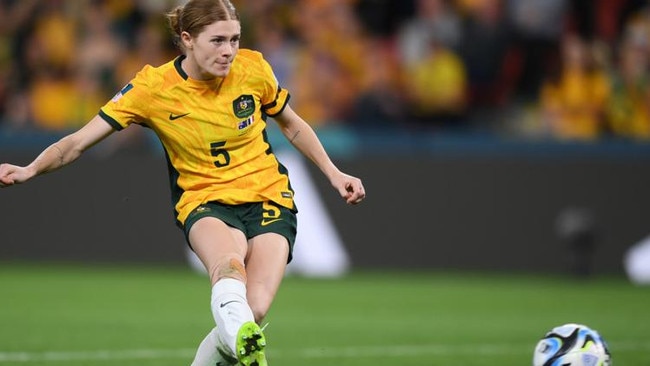 BRISBANE, AUSTRALIA - AUGUST 12: Cortnee Vine of Australia scores her team's tenth and winning penalty in the penalty shoot out during the FIFA Women's World Cup Australia & New Zealand 2023 Quarter Final match between Australia and France at Brisbane Stadium on August 12, 2023 in Brisbane, Australia. (Photo by Justin Setterfield/Getty Images)