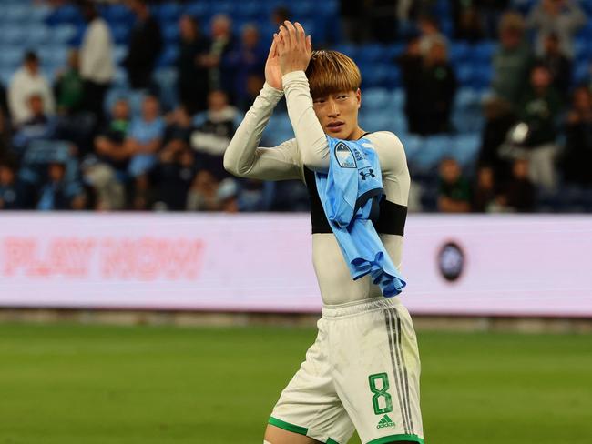 Celtic goalscorer Kyogo Furuhashi acknowledges supporters after his side’s loss to Sydney FC. Picture: DAVID GRAY / AFP