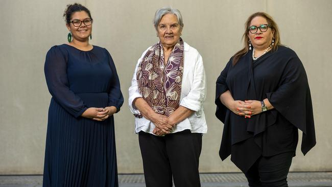 Bridget Cama, Pat Anderson and Megan Davis of the Referendum Working Group and Referendum Engagement Group.Picture: NCA NewsWire / Gary Ramage