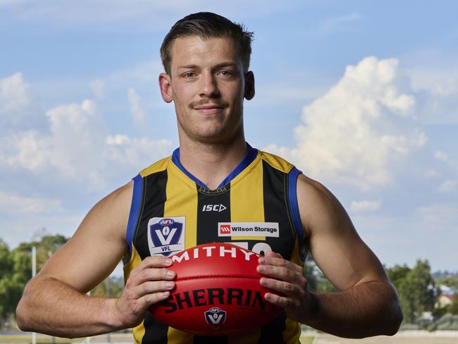 Blake Watson at the VFL captains’ call at Coburg on Tuesday. Photo: Graham Denholm/AFL Photos/via Getty Images