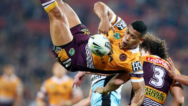 Jamayne Isaako gets vertical last night after jumping for a high ball. Picture: Getty