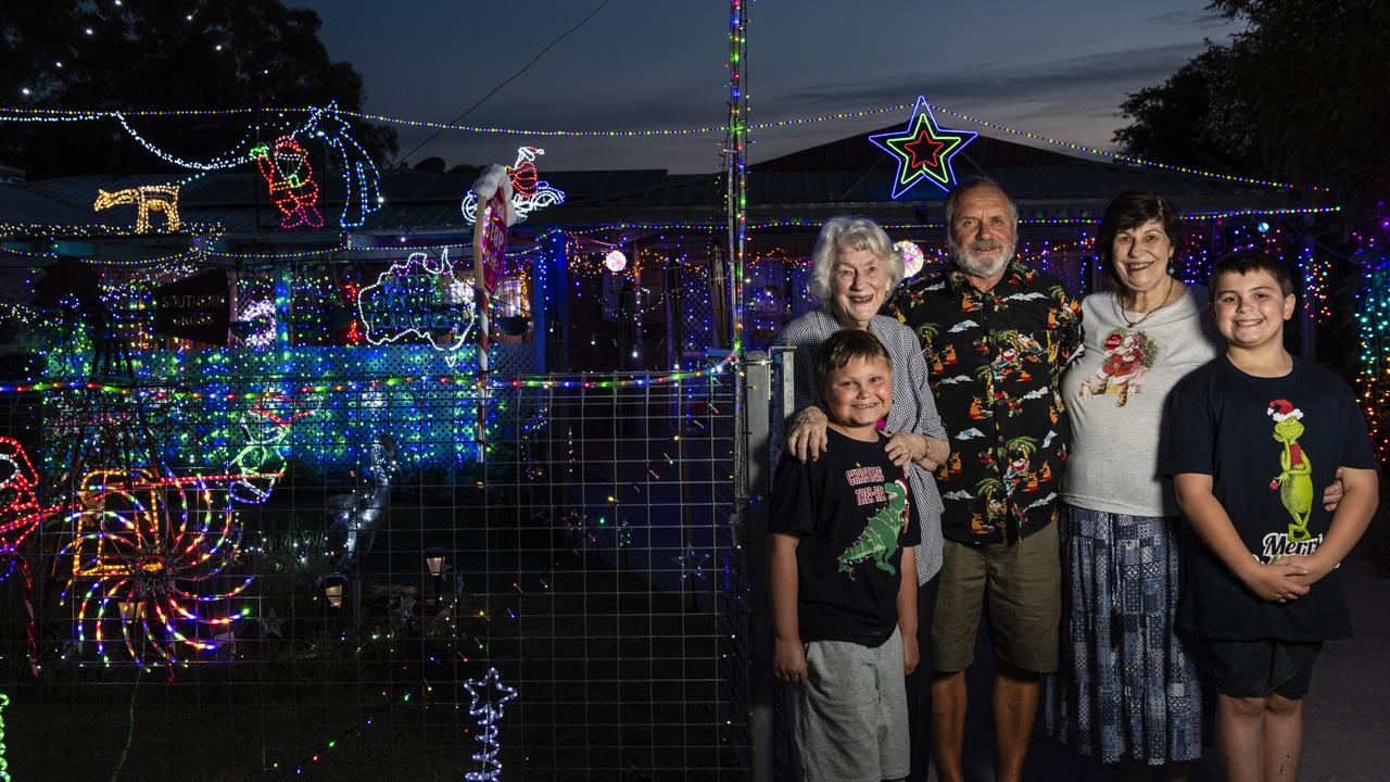 Christmas lights display of the Waldron family of Gowrie Junction, (from left) Liam Waldron, Jennifer King, David Waldron, Sheryl Waldron and Alexander Waldron, Monday, December 20, 2021. Picture: Kevin Farmer