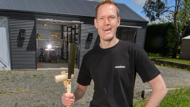 Luke Hopkins started a flat pack furniture business last month after doing some quick free online courses to gain digital skills he needed. Luke in the shed of the Tylden Property where he has set up his business, woking on his flat pack tables.Picture: Jay Town