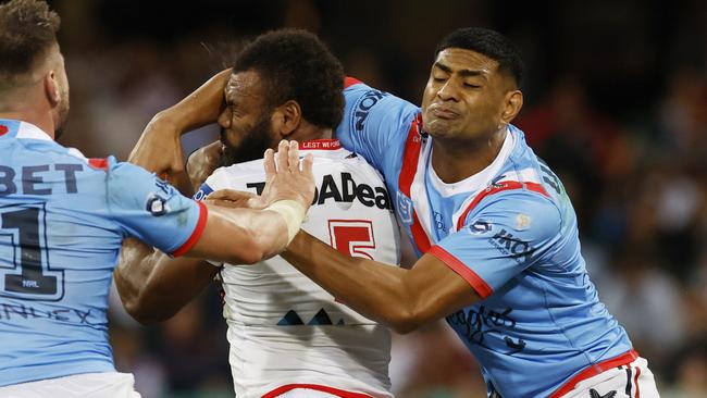 Daniel Tupou’s high shot on Mikaele Ravalawa only resulted in a penalty on the day for the Roosters winger. Picture: AAP Image/Mark Evans