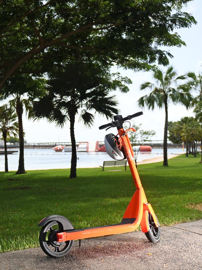 An e-scooter waits for a rider at the Darwin Waterfront.