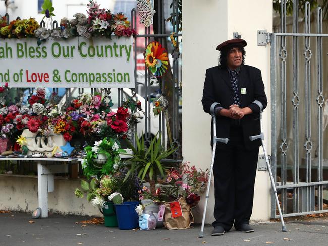 Shooting survivor Taj Mohammad Kamra outside the Al Noor mosque in Christchurch on the one year anniversary of the Christchurch massacre. Picture: Aaron Francis