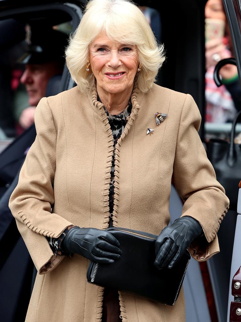 Queen Camilla smiles during her visit to the Farmers' Marke in Shrewsbury. Picture: Getty