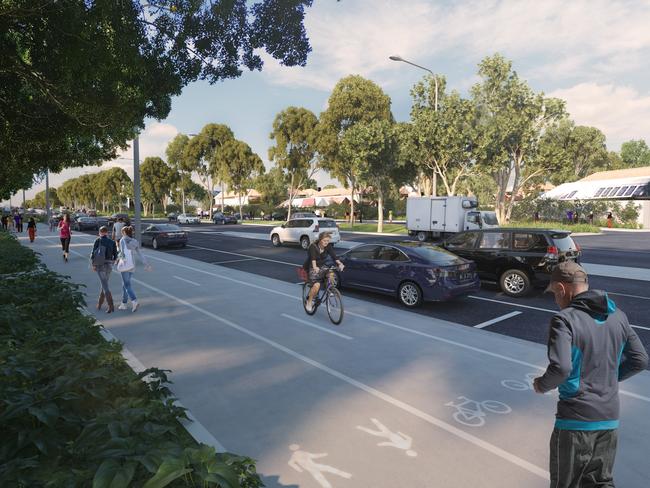 An artist's impression of the pedestrian and cycle path on Campbell St, near Simpson Park, at St Peters, contained in the WestConnex New M5 Draft Design Plan now out for public submissions.