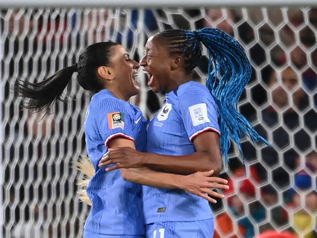 Kenza Dali (L) celebrates scoring for France. Picture: FRANCK FIFE / AFP.