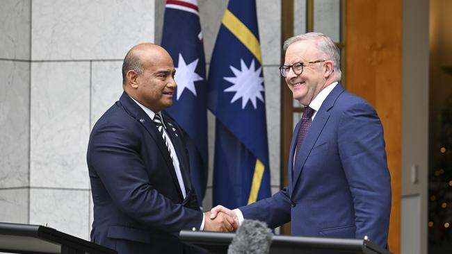 Nauruan President David Ranibok Adeang (left) visited Australia late last year to ink a major bilateral treaty with Prime Minister Anthony Albanese (right). Picture: NewsWire / Martin Ollman