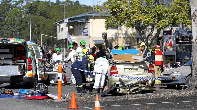 Students gather at the scene of a mock emergency scenario at Murwillumbah. Picture: Scott Powick