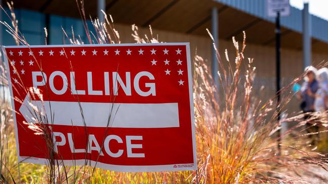 ARLINGTON, VIRGINIA - SEPTEMBER 20: A polling place sign is displayed outside a polling location on the first day of Virginia's in-person early voting at Long Bridge Park Aquatics and Fitness Center on September 20, 2024 in Arlington, Virginia. Ballots have started being cast for the presidential race and local elections in Virginia, Minnesota and South Dakota.   Andrew Harnik/Getty Images/AFP (Photo by Andrew Harnik / GETTY IMAGES NORTH AMERICA / Getty Images via AFP)