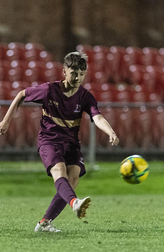 Joshua Dolley of TAS United against Willowburn in Football Queensland Darling Downs Community Juniors U13 Junior League grand final at Clive Berghofer Stadium, Friday, August 30, 2024. Picture: Kevin Farmer