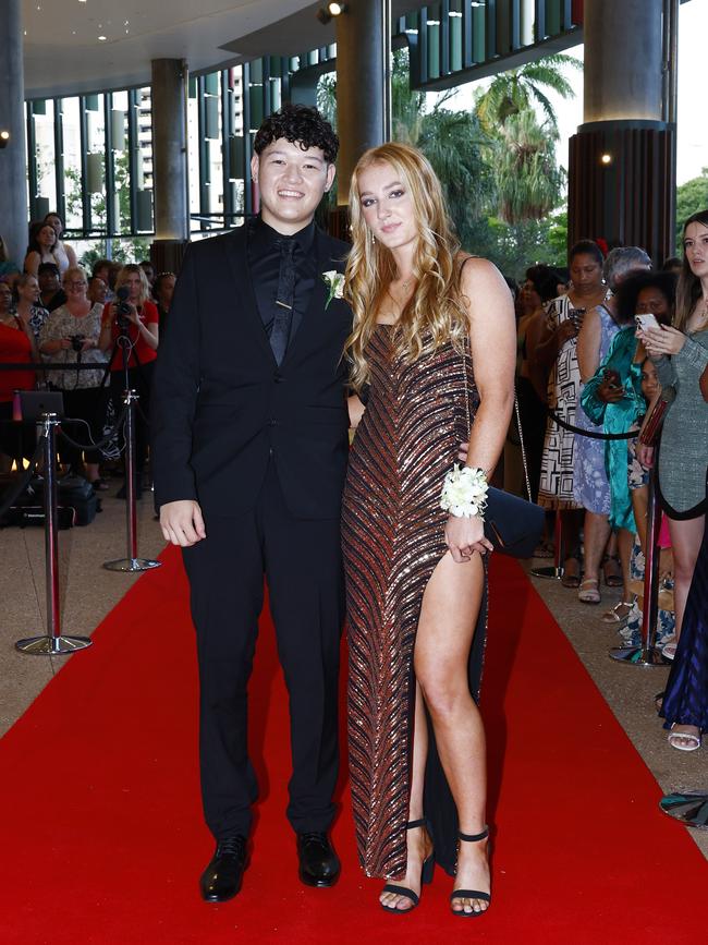 Takuma Murphy and Lauren Daven arrive at the Trinity Bay High School formal evening, held at the Cairns Convention Centre. Picture: Brendan Radke