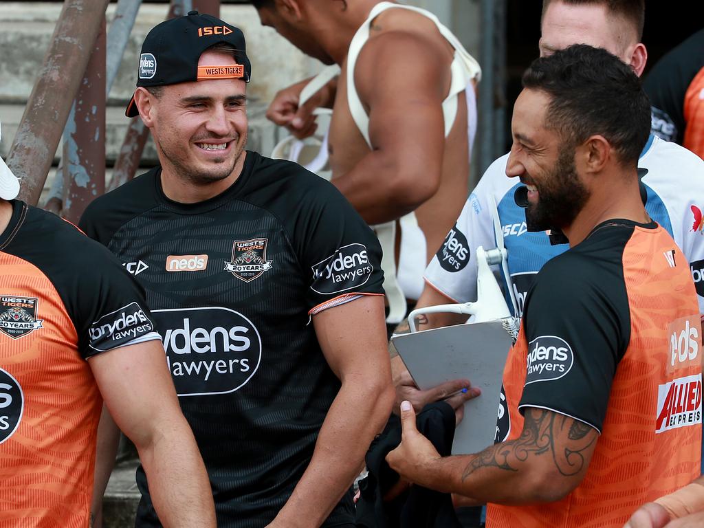 Wests Tigers train ahead of their round 1 game against Manly. L-R Robbie Farah, Josh Reynolds and Benji Marshall. Reynolds has been dropped to reserve grade after Benji secured the no.6 jersey. Picture: Toby Zerna