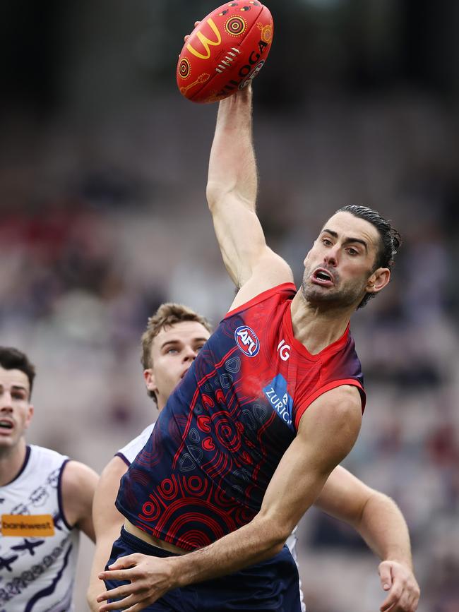 Brodie Grundy wins the hit-out against Fremantle’s Sean Darcy at the MCG in Round 11. Picture: Michael Klein