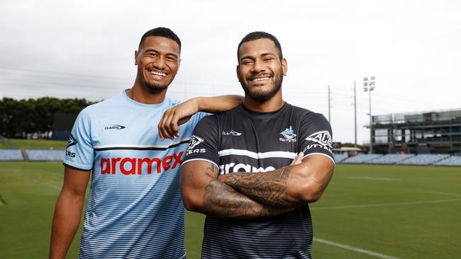 Sharks wingers Ronaldo Mulitalo (left) and Sione Katoa at Shark Park. Picture: Jonathan Ng